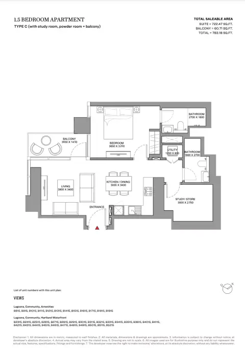Skyscape Avenue: Floor plan Type C, 783 sq ft
