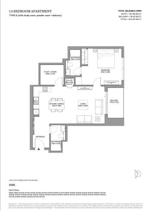 Skyscape Avenue: Floor plan Type A, 874 sq ft