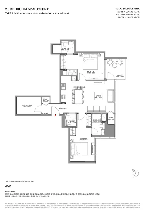 Skyscape Avenue: Floor plan Type A, 1,131 sq ft