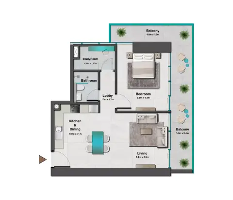 Skyhills Residences Phase 3: Планировка Type A, 829 sq ft