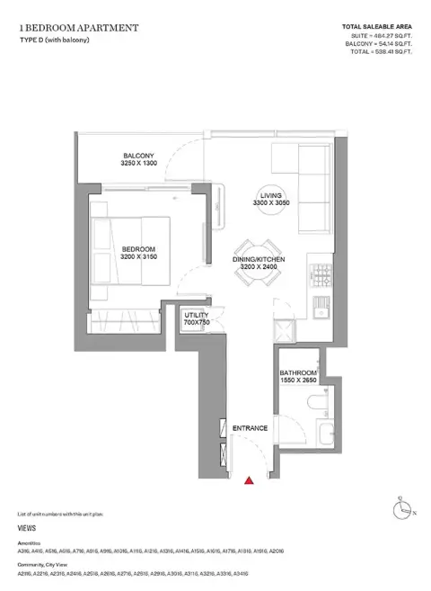 Sobha Orbis: Floor plan Type D-Tower A, 538 sq ft