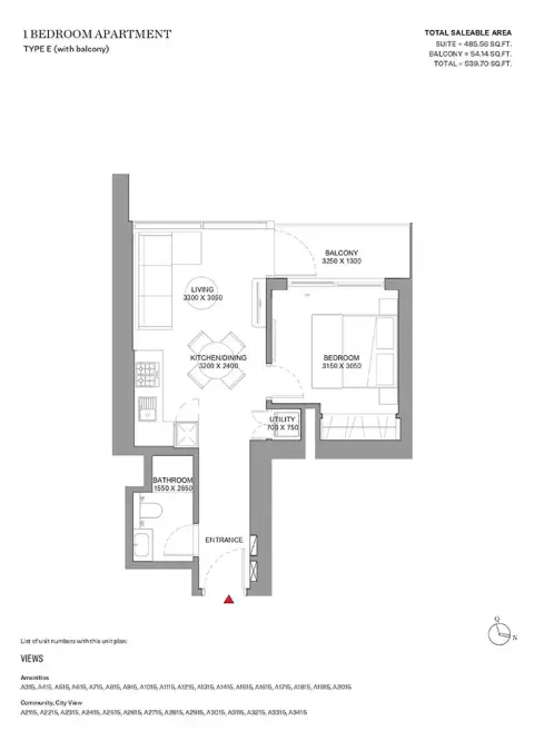 Sobha Orbis: Floor plan Type E-Tower A, 539 sq ft