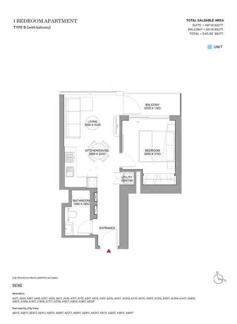 Sobha Orbis: Floor plan Type B-Tower A, 545 sq ft