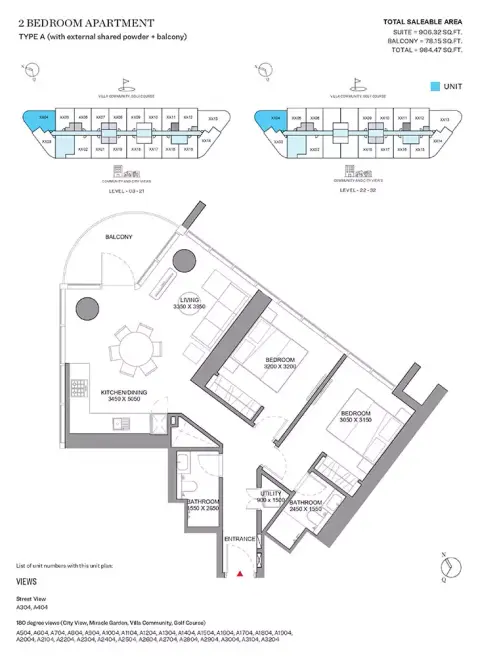 Sobha Orbis: Floor plan Type A-Tower A, 984 sq ft