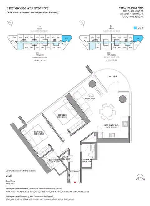 Sobha Orbis: Floor plan Type B-Tower A, 988 sq ft