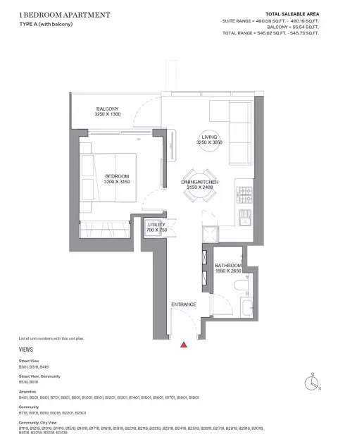 Sobha Orbis: Floor plan Type A-Tower B, 545 sq ft
