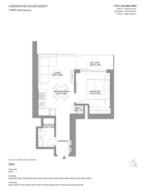 Sobha Orbis: Floor plan Type E-Tower B, 536 sq ft