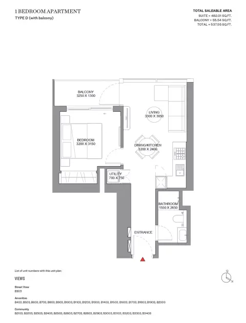 Sobha Orbis: Floor plan Type D-Tower B, 537 sq ft