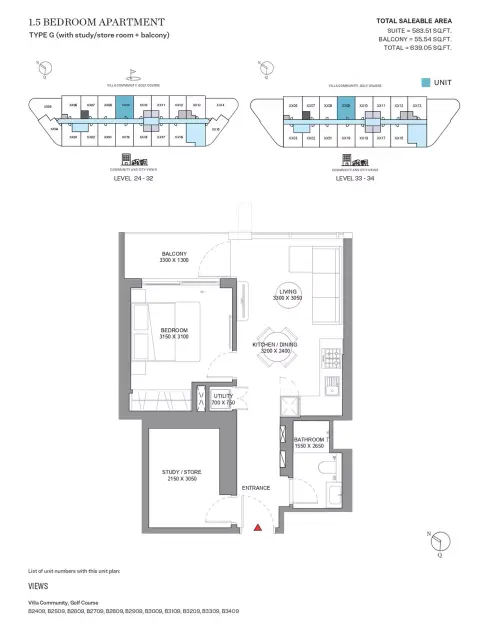 Sobha Orbis: Floor plan Type G-Tower B, 639 sq ft