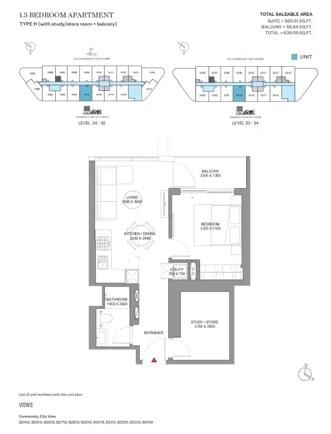 Sobha Orbis: Floor plan Type H -Tower B, 639 sq ft