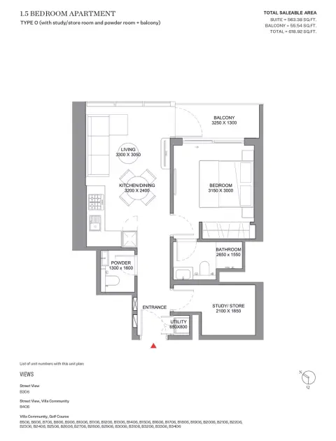 Sobha Orbis: Floor plan Type O-Tower B, 618 sq ft