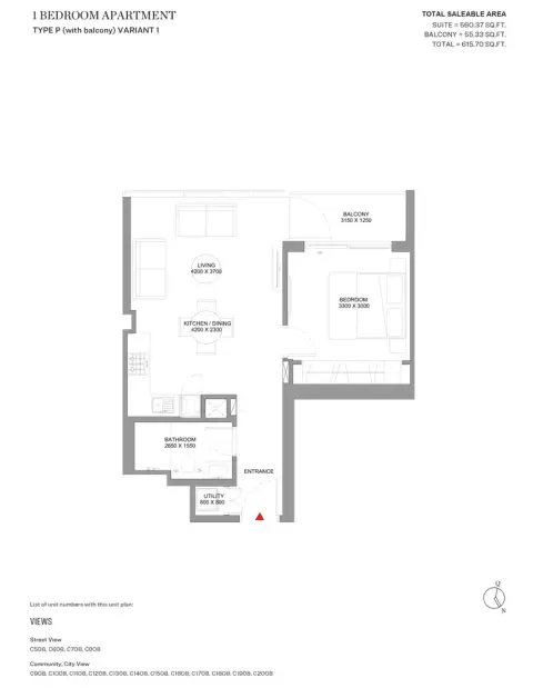 Sobha Orbis: Floor plan Type P-Variant 1-Tower C, 615 sq ft