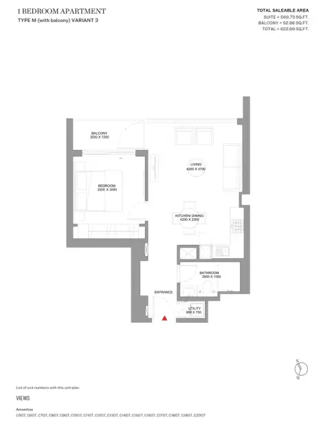 Sobha Orbis: Floor plan Type M-Variant 3-Tower C, 622 sq ft