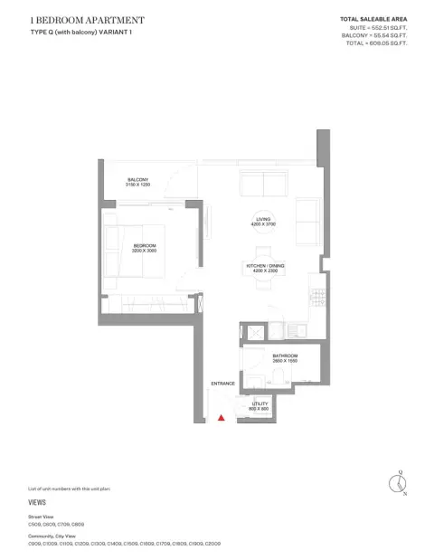 Sobha Orbis: Floor plan Type Q-Variant 1-Tower C, 608 sq ft