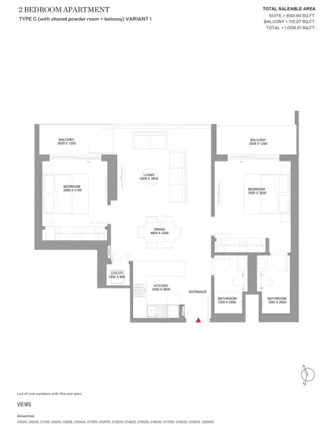Sobha Orbis: Floor plan Type C-Tower C, 1,006 sq ft