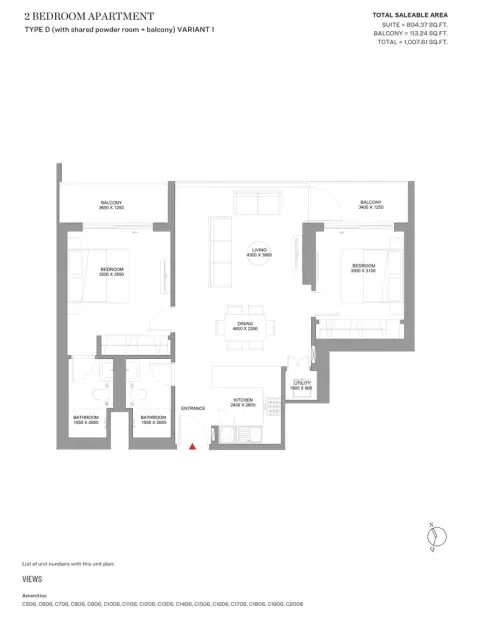 Sobha Orbis: Floor plan Type D-Tower C, 1,007 sq ft
