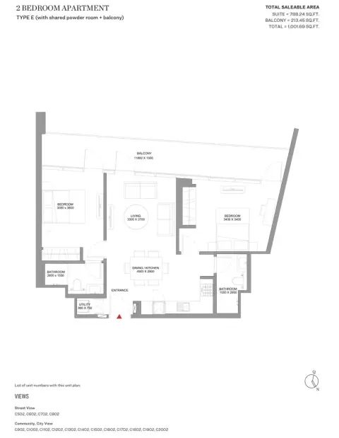 Sobha Orbis: Floor plan Type E-Tower C, 1,001 sq ft