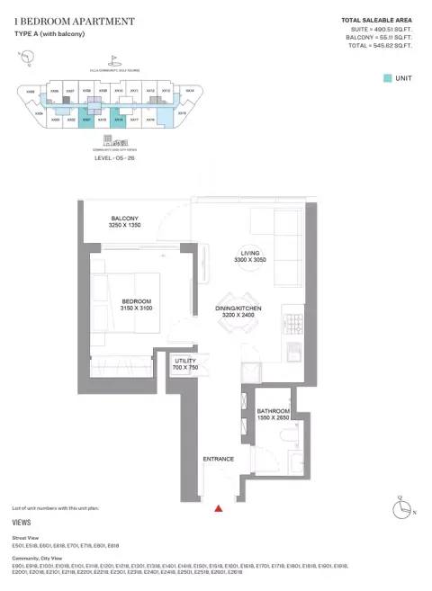 Sobha Orbis: Floor plan Type A-Tower E, 545 sq ft