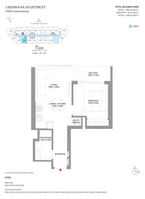 Sobha Orbis: Floor plan Type E-Tower E, 536 sq ft
