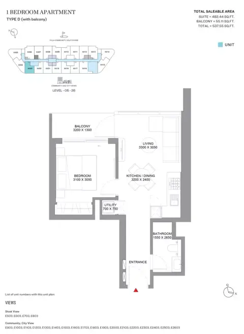 Sobha Orbis: Floor plan Type D-Tower E, 537 sq ft