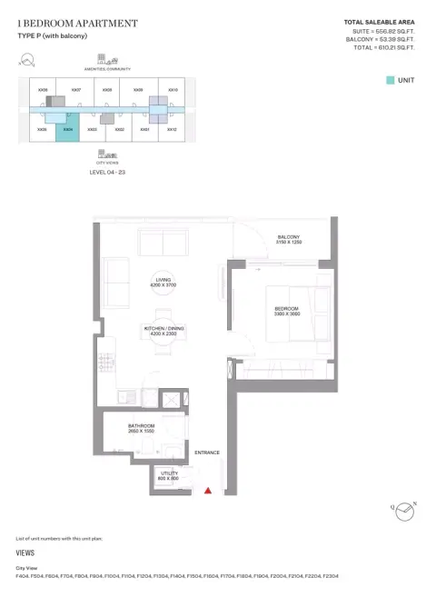 Sobha Orbis: Floor plan Type P-Tower F, 610 sq ft