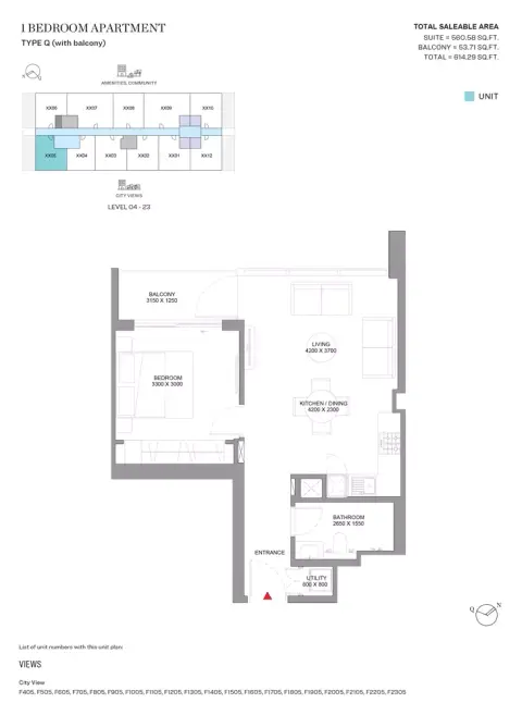 Sobha Orbis: Floor plan Type Q-Tower F, 614 sq ft