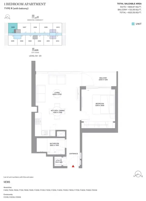 Sobha Orbis: Floor plan Type R-Tower F, 622 sq ft