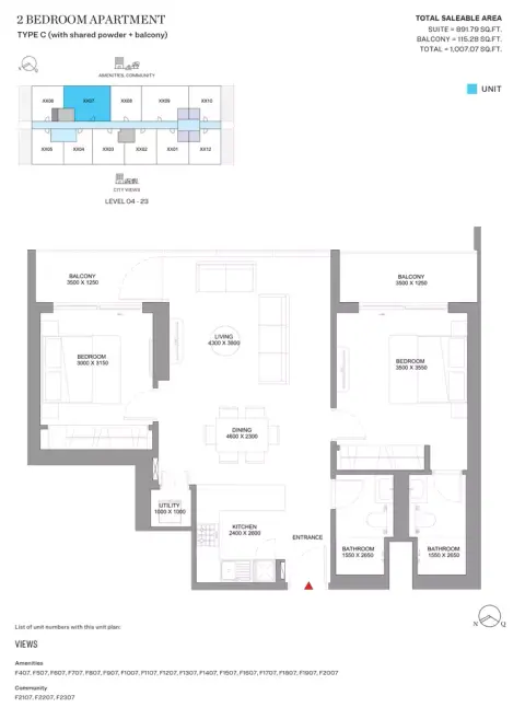 Sobha Orbis: Floor plan Type C-Tower F, 1,007 sq ft