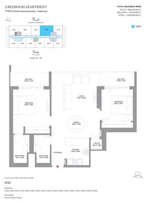 Sobha Orbis: Floor plan Type D-Tower F, 1,008 sq ft