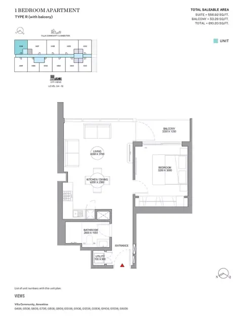 Sobha Orbis: Floor plan Type R-Tower G, 610 sq ft