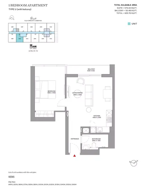 Sobha Orbis: Floor plan Type U-Tower G, 626 sq ft