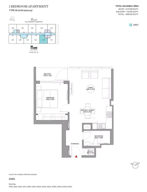 Sobha Orbis: Floor plan Type M-Tower G, 628 sq ft