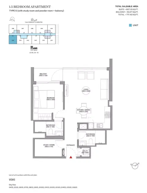 Sobha Orbis: Floor plan Type S-Tower G, 717 sq ft