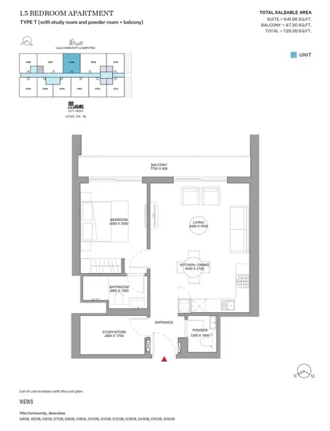 Sobha Orbis: Floor plan Type T-Tower G, 729 sq ft