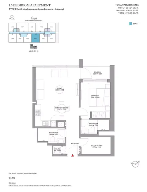 Sobha Orbis: Floor plan Type R-Tower G, 715 sq ft