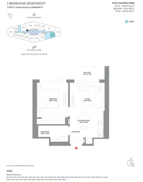 340 Riverside Crescent: Type A, Variant 2, 501 sq ft 户型图