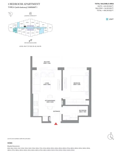 340 Riverside Crescent: Type A, Variant 1, 495 sq ft 户型图