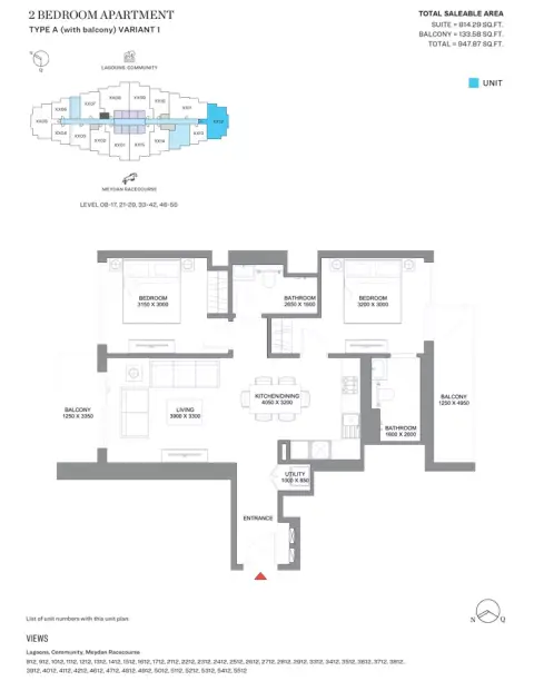 340 Riverside Crescent: Type A, Variant 1, 947 sq ft 户型图