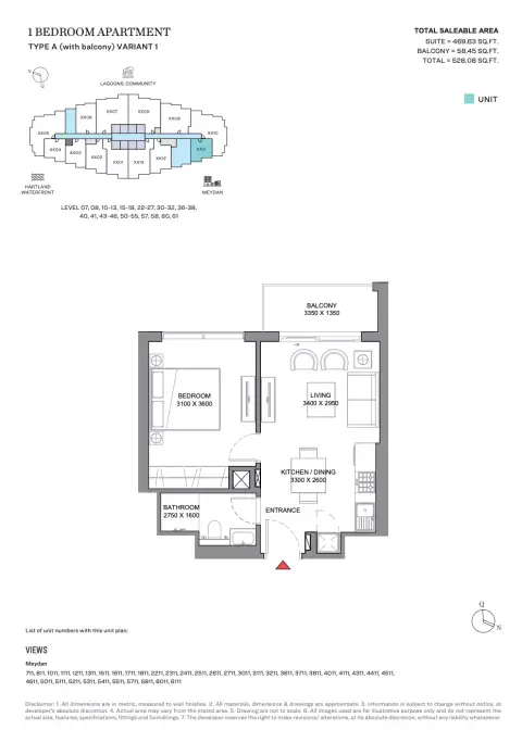 350 Riverside Crescent: Планировка Type A Variant 1, 528 sq ft