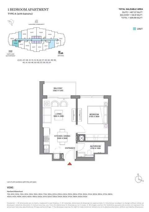 350 Riverside Crescent: Планировка Type A, 526 sq ft