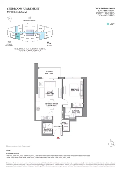 350 Riverside Crescent: Планировка Type B, 627 sq ft