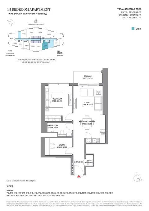 350 Riverside Crescent: Планировка Type D1, 710 sq ft