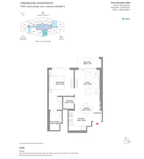 360 Riverside Crescent: Floor plan Type A variant 3, 689 sq ft