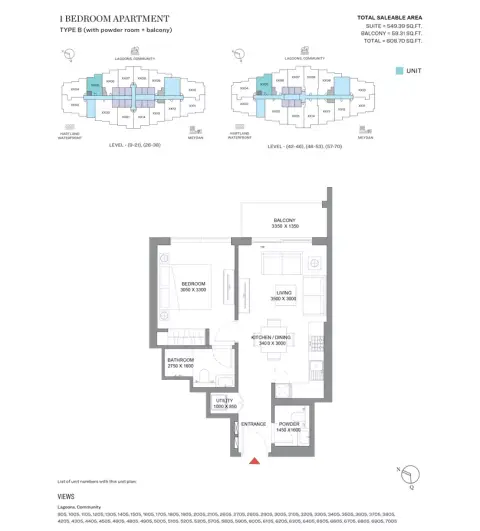 360 Riverside Crescent: Floor plan Type B, 608 sq ft