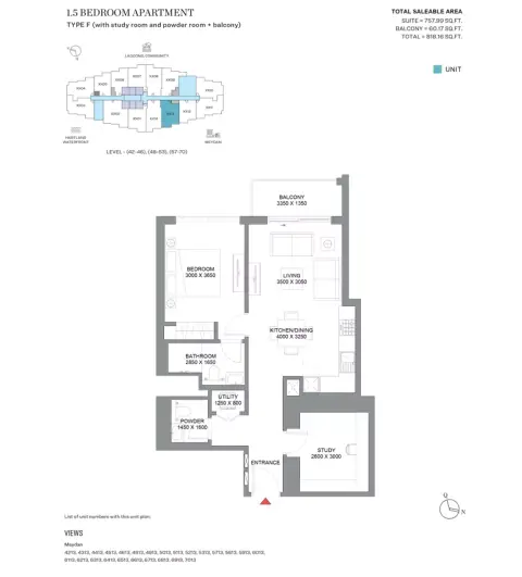 360 Riverside Crescent: Floor plan Type J, 818 sq ft