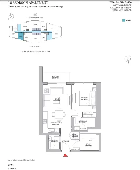 320 ريفرسايد كريسنت: مخطط الطابق Type A With Study Room And Powder Room + Balcony, 677 sq ft