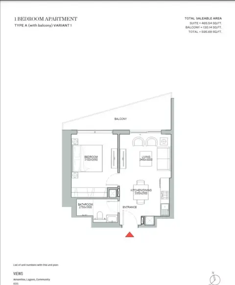 320 ريفرسايد كريسنت: مخطط الطابق Type A With Balcony Variant 1, 595 sq ft