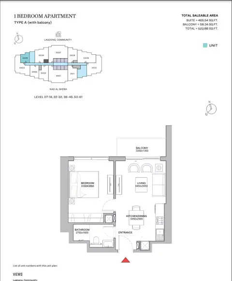 320 ريفرسايد كريسنت: مخطط الطابق Type A With Balcony, 523 sq ft