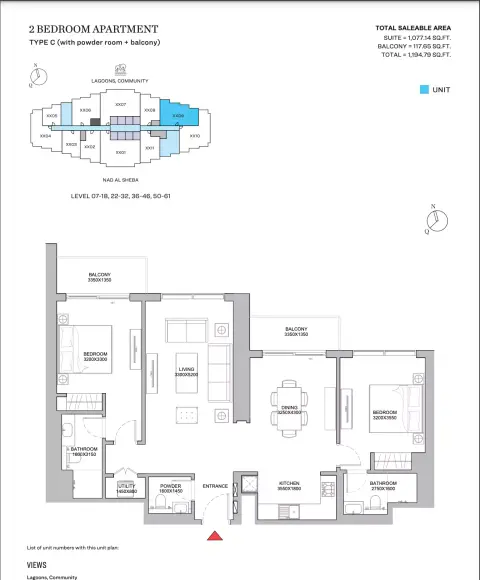 320 ريفرسايد كريسنت: مخطط الطابق Type C With Powder Room + Balcony, 1,194 sq ft