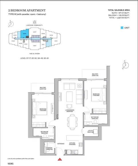 320 ريفرسايد كريسنت: مخطط الطابق Type B With Powder Room + Balcony, 1,087 sq ft